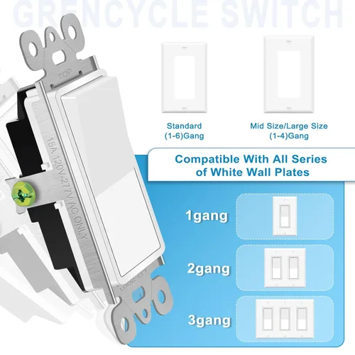Miniatura 9 de Greencycle Interruptor de luz basculante de un solo polo, interruptor de luz de paleta de 15 amperios, interruptores Sp blancos, 120V-277V CA