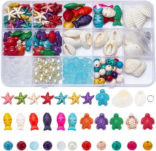 Miniatura 9 de SUNNYCLUE 1 Caja 540 piezas Kit de Cuentas Oceánicas Vidrio Verano Pez Estrella de Mar Dijes Azul Hawaii Animales Marinos Dije Cuentas de Semillas