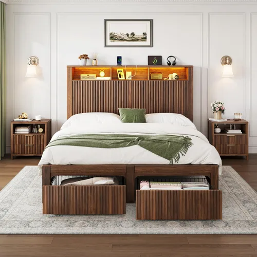 Miniatura 8 de CypBed Base de cama de tamaño matrimonial con cabecera y cajón de almacenamiento, marco de cama matrimonial con luz LED y puerto de carga, diseño