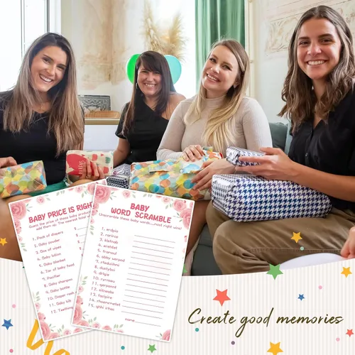 Miniatura 6 de OLOUTAB Juegos de Baby Shower para Niña - 2 Juegos (50 de Cada), Juego de Baby Shower Word Scramble y Price is Right, Doble Cara, Cartón Grueso