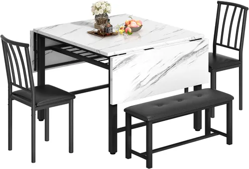 Miniatura 3 de AWQM Mesa de comedor de 4 piezas de mármol sintético con estante de almacenamiento, juego de mesa de rincón de desayuno que ahorra espacio con 2