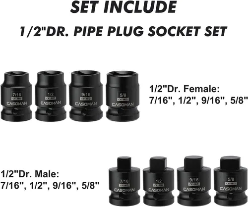 Miniatura 3 de CASOMAN Juego de enchufes de tubo de transmisión de 1/2 pulgada, 8 unidades, Cr-Mo, SAE, macho/hembra, 7/16", 1/2", 5/8", 9/16", unidad cuadrada