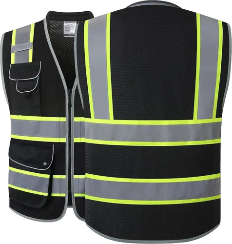 Miniatura 2 de JKSafety - Chaleco de alta visibilidad de 9 bolsillos en negro para hombres y mujeres, chaleco reflectante de alta visibilidad de malla