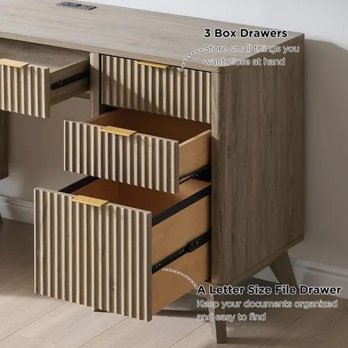 Miniatura 6 de T4TREAM Fluted Executive Desk with Drawers, 60" Modern Home Office Computer Desk with Charging Station, File Cabinet, Keyboard Tray and Storage