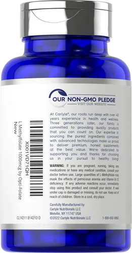 Miniatura 3 de Carlyle L metilfolato 1000mcg 200 cápsulas Tamaño de valor Optimizado y activado Sin OMG, sin gluten Folato de metilo, 5-MTHF por