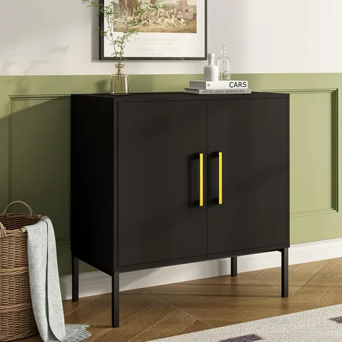 Miniatura 21 de JOZZBY Aparador de buffet con almacenamiento, gabinete de madera moderno con estantes ajustables, gabinetes negros y dorados para sala de estar