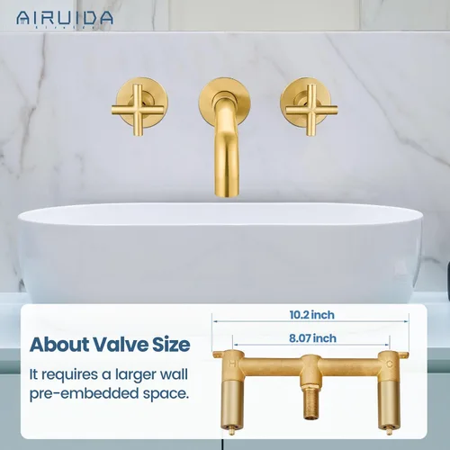 Miniatura 4 de Airuida Grifo de baño de latón macizo con boquilla giratoria 360 para lavabo montado en la pared, grifo mezclador de lavabo con válvula áspera y Oro