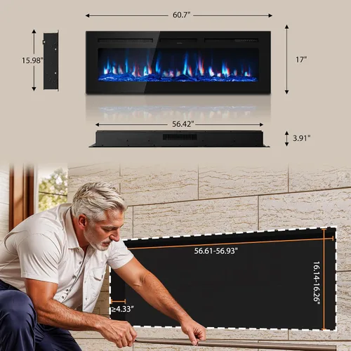 Miniatura 7 de Manastin Chimenea eléctrica de 60 pulgadas empotrada en la pared y montada en la pared con control remoto, calentador de chimenea de 1500/750 W