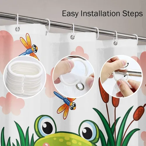 Miniatura 3 de Emvency Cortina de ducha azul con dibujos animados de rana sentada en estanque estilo infantil lago con animales, tela de poliéster impermeable