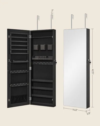 Miniatura 14 de SONGMICS Gabinete colgante de joyería, gabinete de pared con luces interiores LED, organizador de joyas montado en la puerta, espejo de cuerpo Blanco