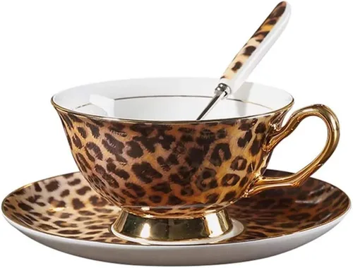 YBK Tech - Juego de tazas y platillos de porcelana estilo europeo, taza de café de cerámica para el hogar, cocina, boda (patrón de leopardo)