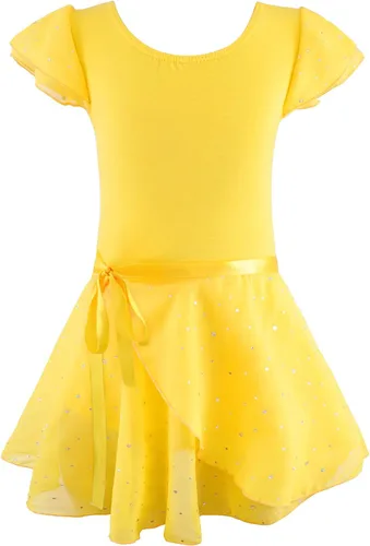 EQSJIU Leotardos de ballet para niñas con falda extraíble, combo de manga con volantes y lazo