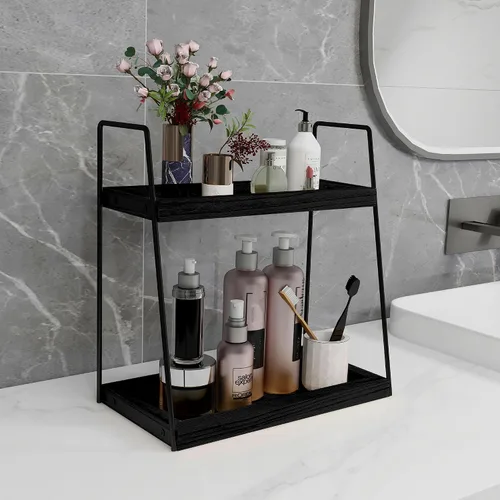 Miniatura 2 de Dorhors Organizador de encimera de baño de 2 niveles, organizador de tocador para encimera de baño, estante de madera para cocina (negro)