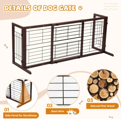 Miniatura 5 de COZIWOW Puerta para perros de 38 a 67 pulgadas, puerta independiente para mascotas, extra ancha, valla de madera para cachorros, puertas de Marrón
