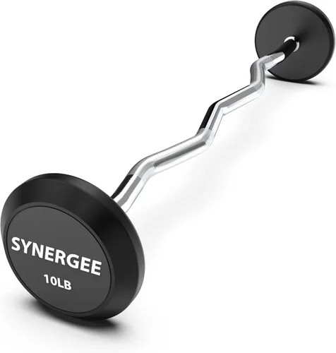Synergee Barra Fija Easy Curl Barra de Acero Curvada Pre-Ponderada con Pesas de Goma - Peso Fijo