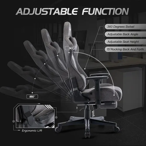 Miniatura 5 de S*MAX Silla de juegos de tela con reposapiés, asiento grueso, silla ergonómica para juegos con reposabrazos 3D, sillas de tela transpirable para Gris