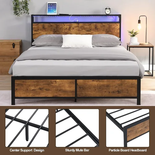 Miniatura 7 de Anwick Base de cama con luces LED, cabecera de almacenamiento de 2 niveles con estación de carga, marco de cama LED de plataforma de metal