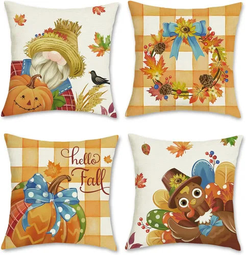 Miniatura 7 de Bonhause Juego de 4 fundas de almohada de gnomos de otoño de 18 x 18 pulgadas, diseño de calabaza y hojas de arce otoñales, fundas de almohada