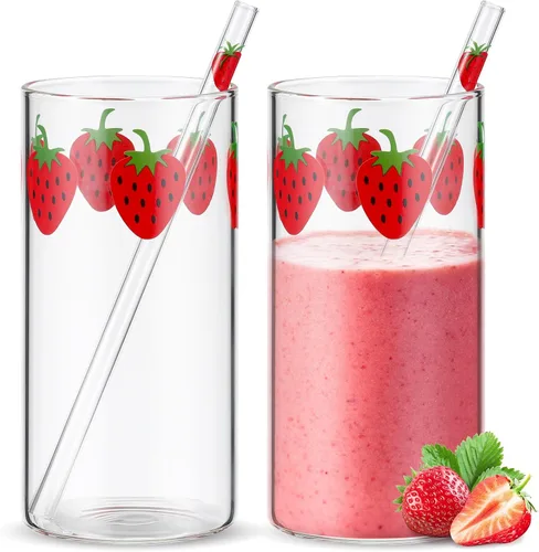 Miniatura 8 de Tessco para ti 2 juegos de tazas de fresa Taza de vidrio de fresa Nana con pajita Vaso de vidrio Vaso de chupito transparente Patrón de bayas Taza