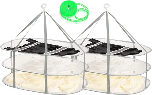 Paquete de 2 estantes de secado de 3 niveles plegables con malla para colgar ropa, estante para secar suéteres, estante grande para secar ropa,