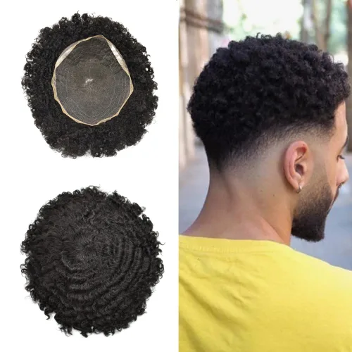 Miniatura 39 de Pelucas afro rizadas para hombre, con encaje francés, de 10 x 8 pulgadas, completamente transparente, de repuesto, sistema de cabello humano rizado