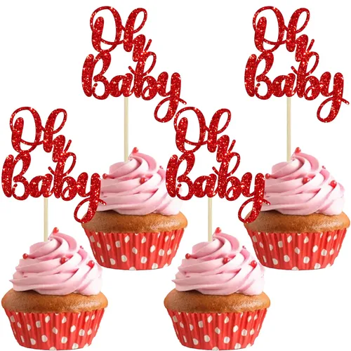 Miniatura 12 de Gyufise 36 piezas de decoraciones para cupcakes Oh Baby, arcoíris rosa y azul con purpurina, para baby shower, revelación de género, cupcakes para B