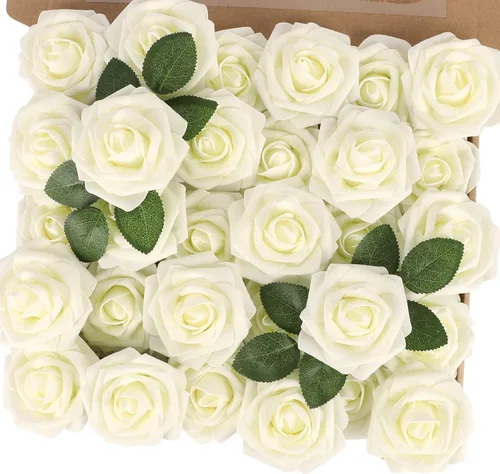 Miniatura 47 de MACTING 30 Rosas Artificiales Blancas Flores Falsas con Tallo Rosas de Espuma de Tacto Real para DIY Arreglos de Ramo de Boda Centros de Mesa White-1