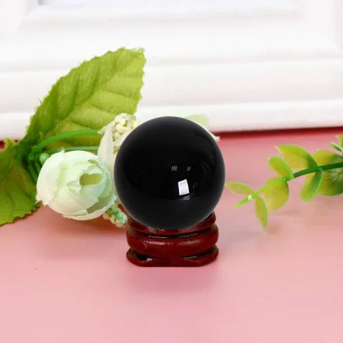 Miniatura 2 de JIC Gem Pequeña esfera de obsidiana negra con soporte de madera para decoración de cristal de curación Fengshui, bola de meditación (55 mm, 2.2")