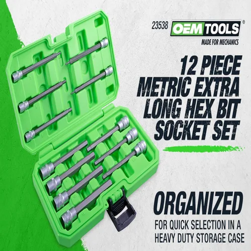 Miniatura 2 de OEMTOOLS 23538 Juego de llaves hexagonales largas de 12 piezas, juego de llaves hexagonales métricas de 1/4 pulgadas y 3/8 pulgadas, brocas de acero