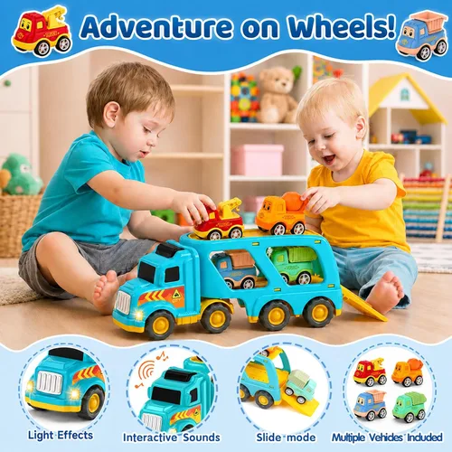 Miniatura 3 de Veslier Camiones de Juguete para Niños de 2, 3, 4, 5 Años, Camiones de Construcción y Transporte para Niños Pequeños de 2-4 Años con 4 Coches