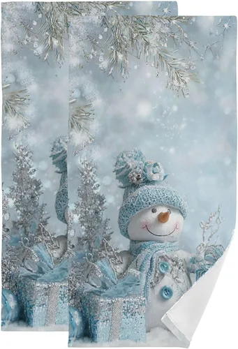 Miniatura 11 de Pfrewn Juego de 2 toallas de mano de copos de nieve azules de invierno, juego de 2 toallas de baño de nieve con purpurina brillante de zafiro de 16