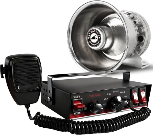 8Tones - Sirena de emergencia de 200 W con PA - Sirena impermeable IP67 para policía/camión de bomberos, modos Yelp/Wail/Hi-Lo, incluye micrófono y