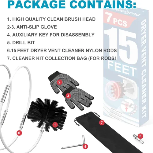 Miniatura 6 de Sealegend - Kit de limpieza para tubo de ventilación de secadora de 15 pies/Removedor de pelusa/Cepillo flexible actualizado de enganche rápido