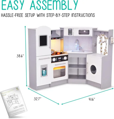 Miniatura 3 de Lil' Jumbl Juego de cocina de esquina para niños, cocina de lujo de madera de simulación, máquina de hielo a pilas, estufa y grifo con sonido gris
