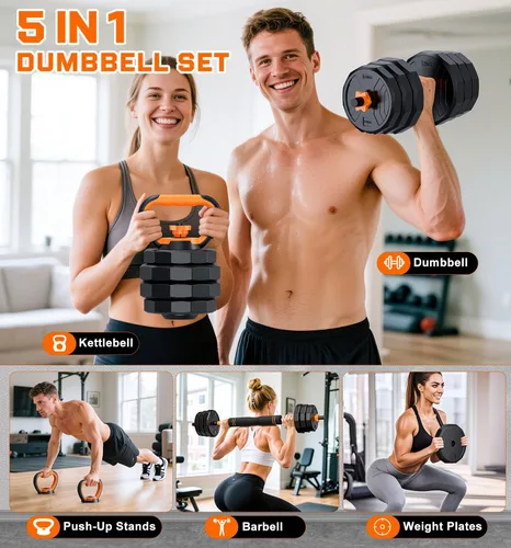 Miniatura 2 de 5-in-1 Adjustable Dumbbell Set, 33/44/66/88lbs Free Weights Set with Connector, Used as Kettlebells, Barbell, Push up Stand, Standard 1" Plates