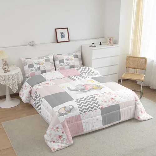 Miniatura 3 de Lindo juego de edredón de elefante, tamaño individual, juego de ropa de cama de dibujos animados Kawaii con flores de animales para niños y hombres