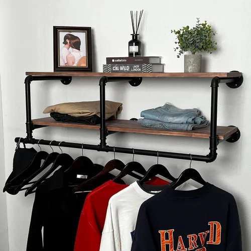 Miniatura 8 de Perchero para ropa de 72 pulgadas, para montar en la pared, con estante de madera real, perchero colgante resistente, barra para colgar multiusos
