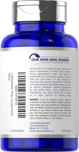 Miniatura 3 de Carlyle L Metilfolato 15mg 120 cápsulas Tamaño de valor Potencia máxima Optimizado y activado Sin OMG, sin gluten Folato de metilo