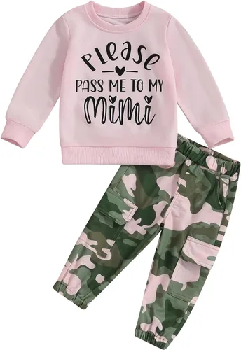 Miniatura 75 de Mandizy Conjunto de ropa de otoño para bebé niña pequeña, sudadera de manga larga con estampado de letras bendecidas, pantalones de camuflaje