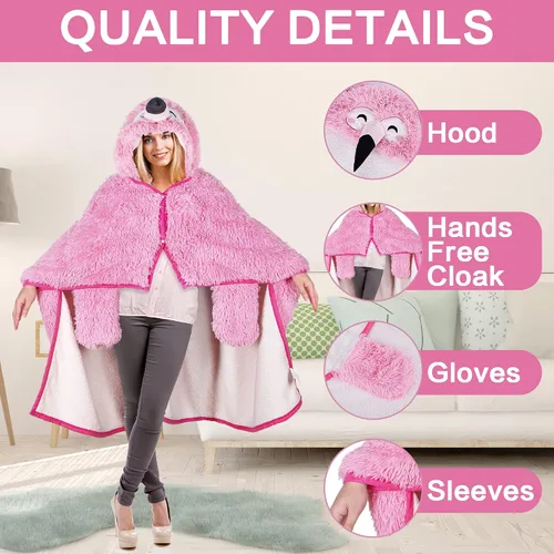 Miniatura 6 de Manta con capucha de flamenco para adultos, mullida y súper suave, de pelo sintético, mullida, cálida y acogedora, forro polar y sherpa, manta