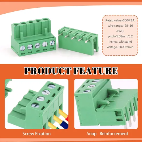 Miniatura 5 de Tanstic 32Sets 0.200 in Paso 2 3 4 5 6 7 8 9 10 Pasadores rectos Montaje en PCB Tornillo Bloque de terminales macho hembra enchufable Bloques