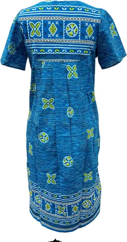 Miniatura 3 de Loungees Vestido de descanso de algodón con estampado de borde azul de manga corta Canesú con babero de 3 botones, Azul