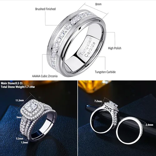 Miniatura 2 de Newshe Jewellery Juego de anillos de boda para él y ella, bandas de tungsteno AAAAA, circonita cúbica, 2.3 quilates, plata de ley 925, tamaño 5-13