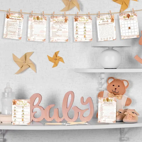 Miniatura 3 de Sherr 320 juegos de baby shower de oso marrón: 6 juegos, 50 hojas cada uno, 20 lápices, incluye descripciones, deseos, adivina quién, bingo