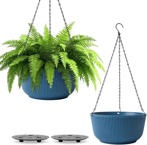 T4U Macetas colgantes de 8 pulgadas para plantas de interior y exterior, juego de 2 macetas auto-regantes con agujero de drenaje, tapón y cadena con