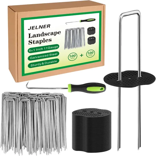 Miniatura 7 de JELNER Estacas de jardín, 6 pulgadas, calibre 11, 200 grapas galvanizadas para paisaje y 200 juntas + 1 gancho de selección, estacas de tienda