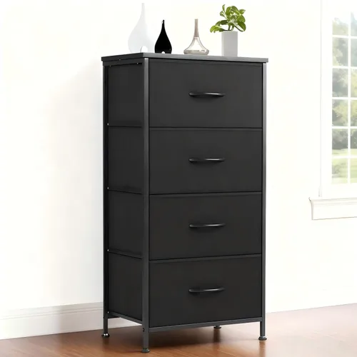 Miniatura 11 de DUMOS Mesita de noche con 4 cajones, mesa de noche con contenedores de tela extraíbles, marco de acero resistente, organizador superior de madera