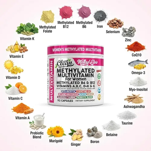 Miniatura 4 de Multivitamino Metilado para Mujeres Vitaminas B6 Metil B12 A B C D K E Folato Colina Omega 3 Tiamina Riboflavina Hierro Yodo Magnesio Zinc Selenio