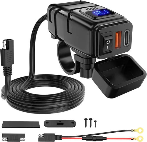 Nilight Adaptador de Carga USB Tipo C para Motocicleta, Puerto 12V, Voltímetro, Interruptor de Encendido y Apagado Independiente, Fusible en Línea
