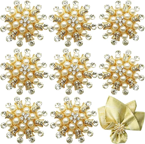 Miniatura 11 de Juego de 6 servilleteros de flores doradas, con diamantes de imitación dorados, para bodas, cenas, fiestas, decoración navideña de vacaciones, 6